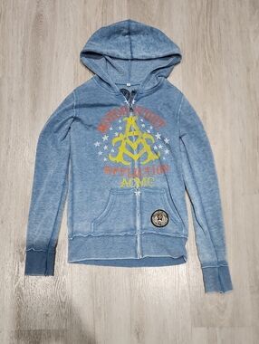 Affliction Blue Hooded Zip Sweatshirt with Yellow and Orange Graphic